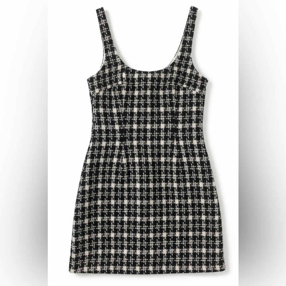 Urban Outfitters Black & White Mini Dress UO Lily Check Tweed Print Form Fitting - Picture 4 of 9